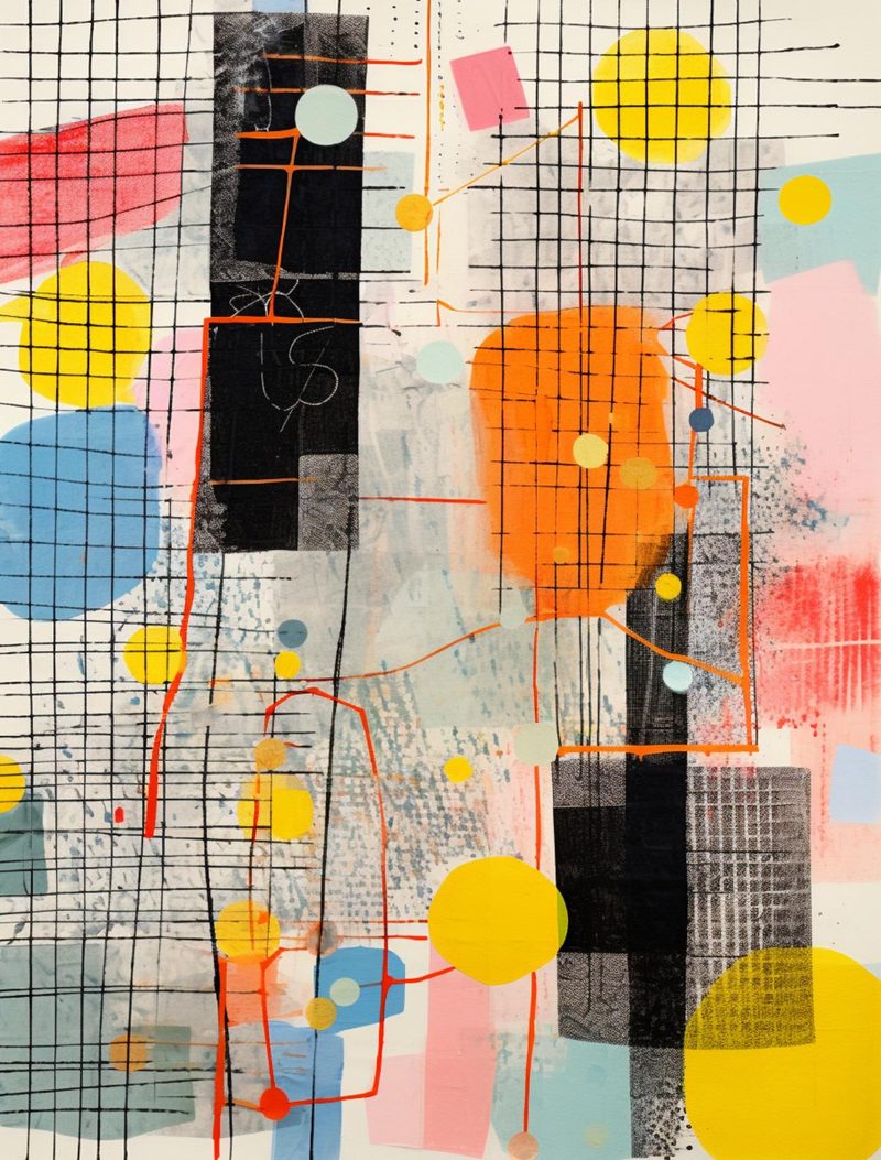 Abstraction Menagerie eBook page 77 — geometric collage, mixed media abstract, playful design