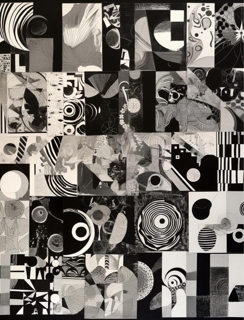 Black House White Market eBook page 7 — abstract geometric collage, monochromatic art, mixed media grid