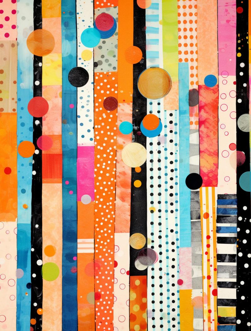 Dot, Dot, Dot eBook page 8 — colorful circles collage, geometric mixed media, retro striped patterns