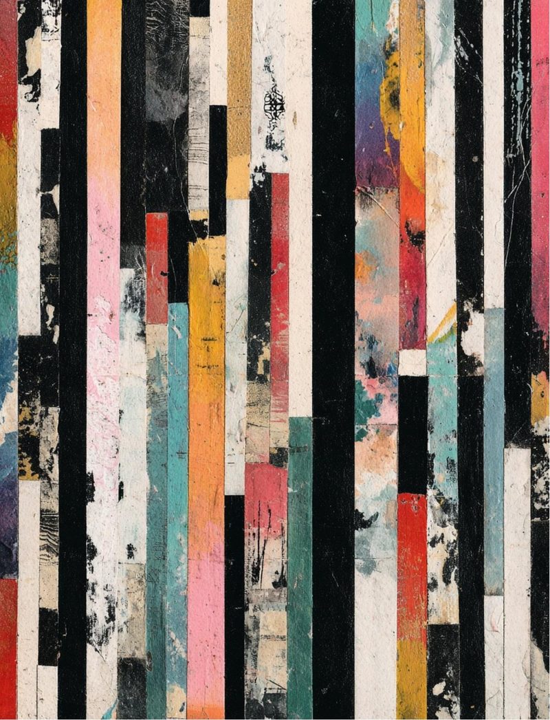 Face It eBook page 12 — abstract stripes, vintage decay, mixed media collage