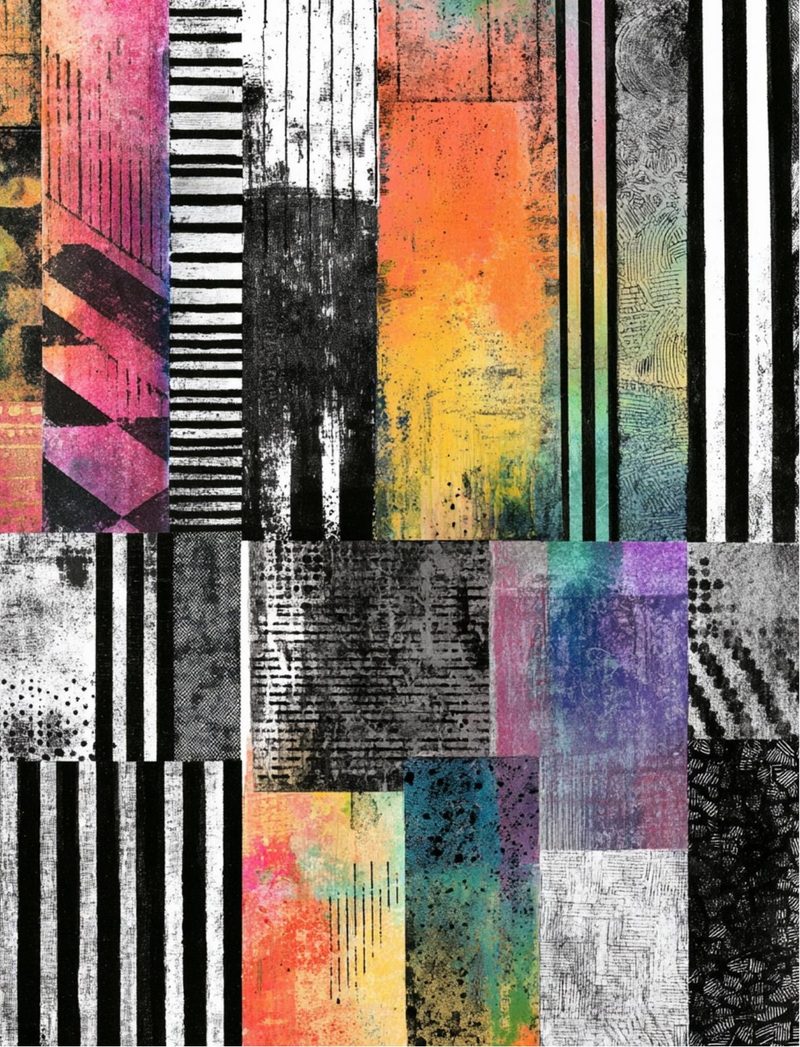 Face It eBook page 18 — abstract geometric collage, mixed media art, colorful striped patterns