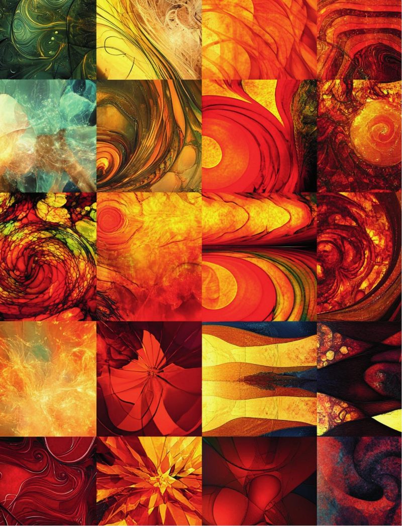 My Name Is Maslow eBook page 20 — abstract art collage, warm color palette, fractal design