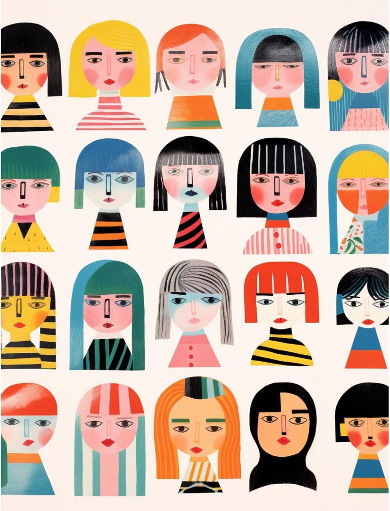 Parts Apart eBook page 16 — diverse faces, geometric portraiture, mid-century modern