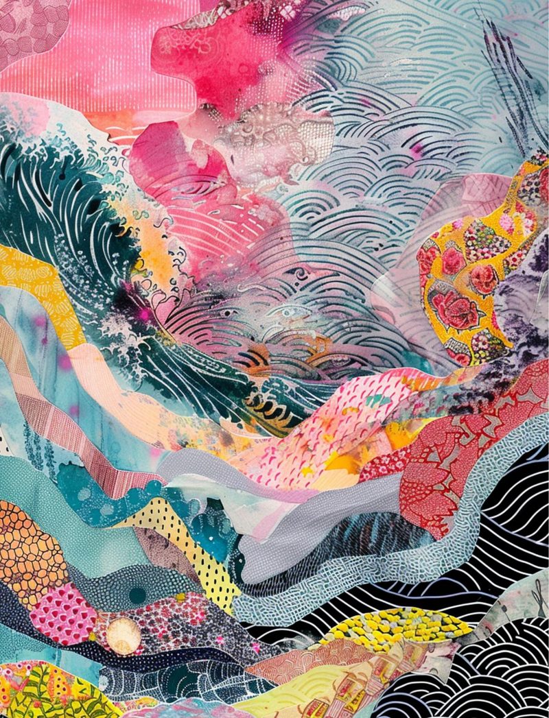 Something’s Fishy eBook page 6 — ocean waves, tropical vibes, colorful mixed media