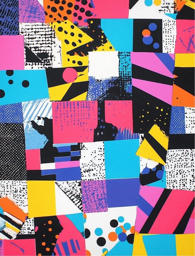 Stick It Real Good — 80s GenX Collage Papers eBook page 34 — geometric abstract collage, neon color blocking, 80s 90s pop-art aesthetic