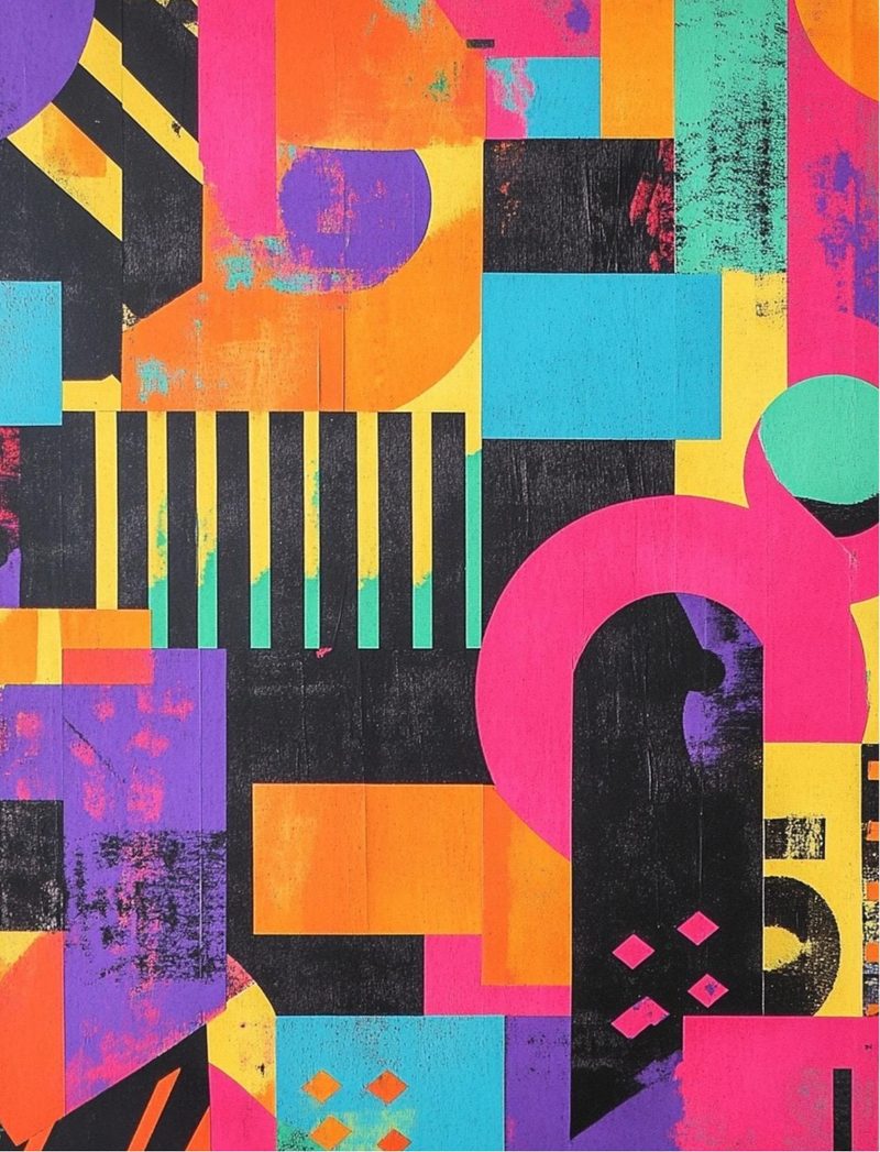 Stick It Real Good — 80s GenX Collage Papers eBook page 42 — bold geometric collage, pop art mixed media, retro neon aesthetic
