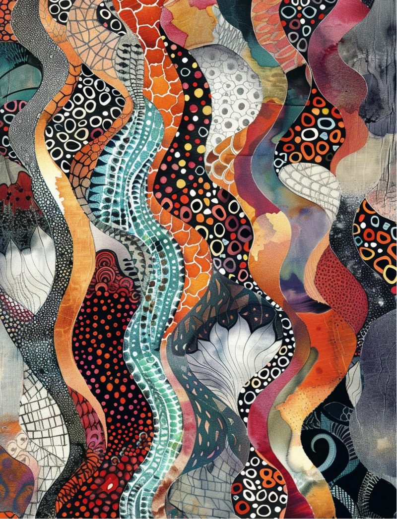 Stranger Than Fiction eBook page 124 — zentangle collage, patterned abstract art, mixed media journal page