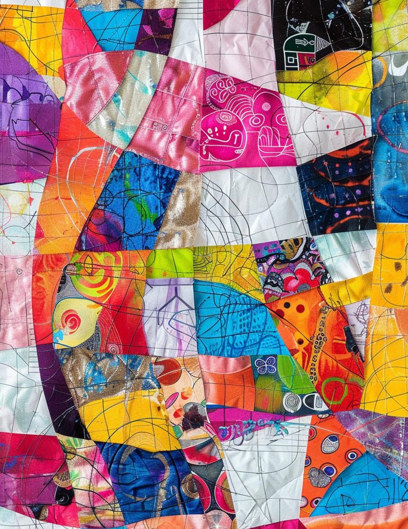 The Secret Lives of Paper Dolls eBook page 32 — abstract collage, colorful mixed media, geometric patchwork