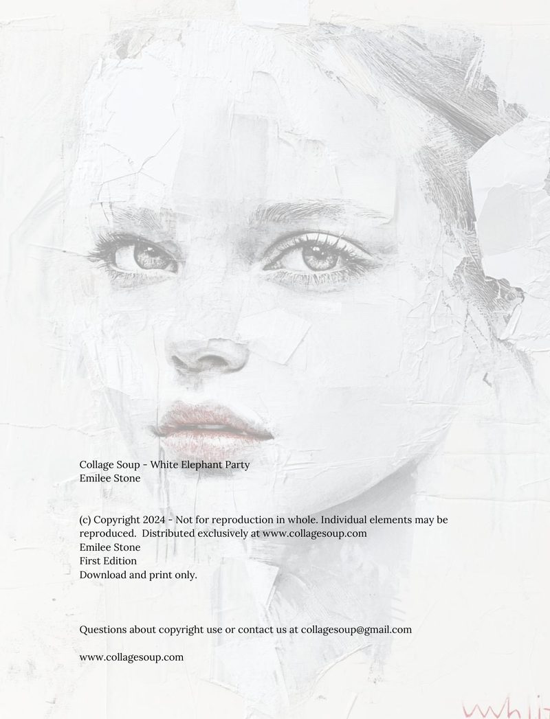 White Elephant Party eBook page 2 — portrait art, minimalist face, ethereal beauty