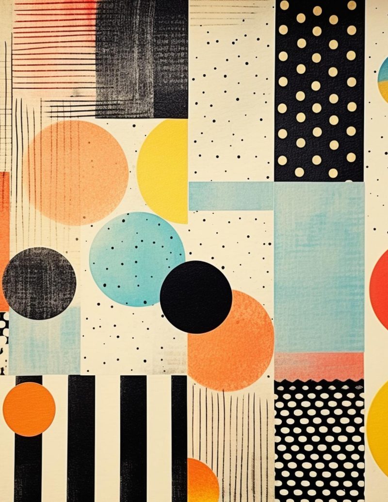 Wondrous Widgets eBook page 6 — geometric collage, mid-century modern, abstract shapes